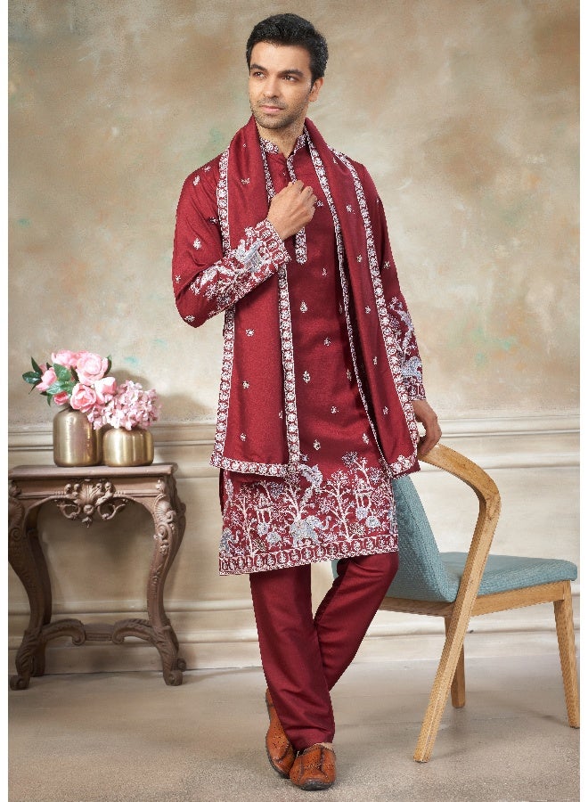 OUTLUK Embroidered Red Kurta with Cotton Pajama for Men - Image 3